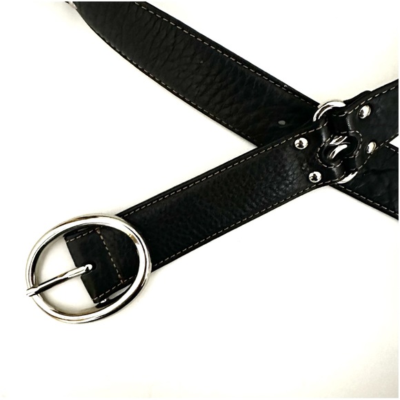 Cole Haan Black Belt Double Ring Pebbled Leather Silver Tone Hardware Belt - Picture 4 of 8